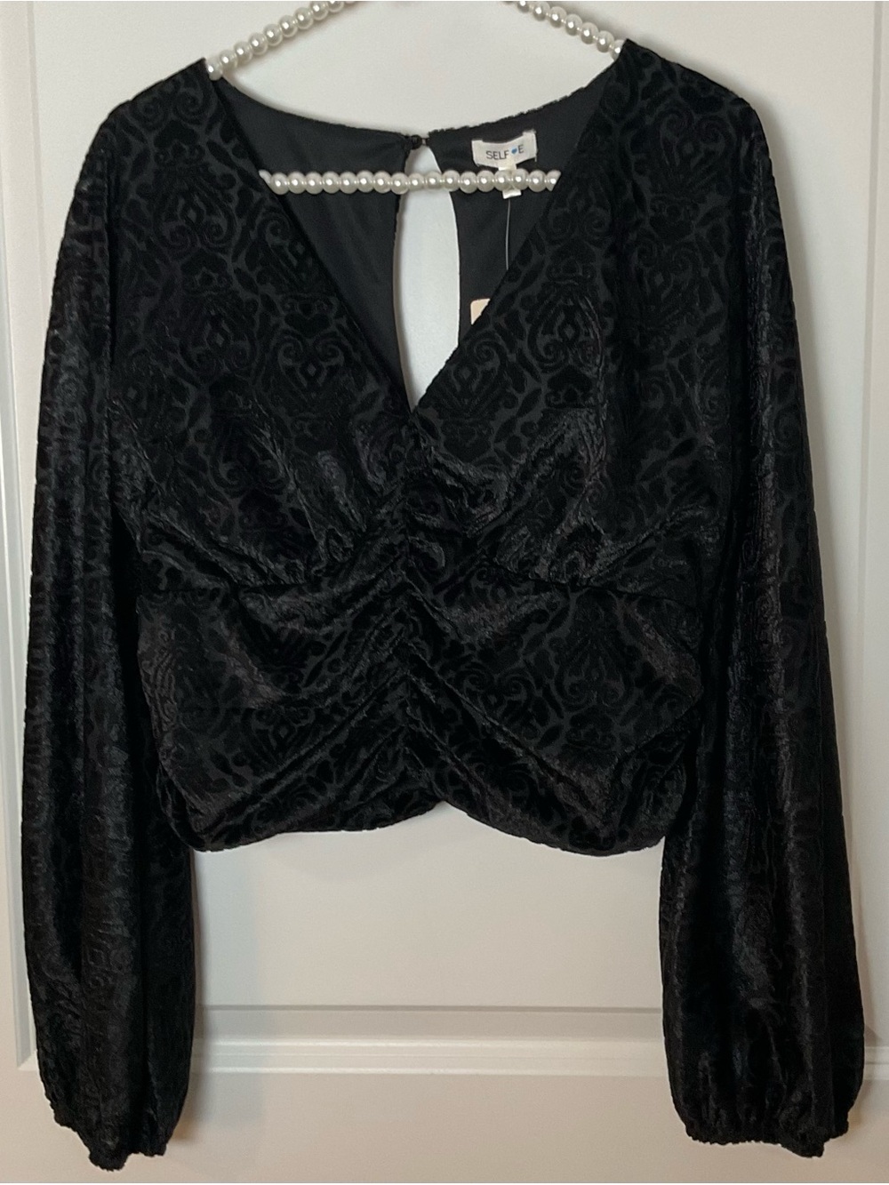 Self E Black Velvet Jacquard Long-Sleeve V-Neck Top NWT